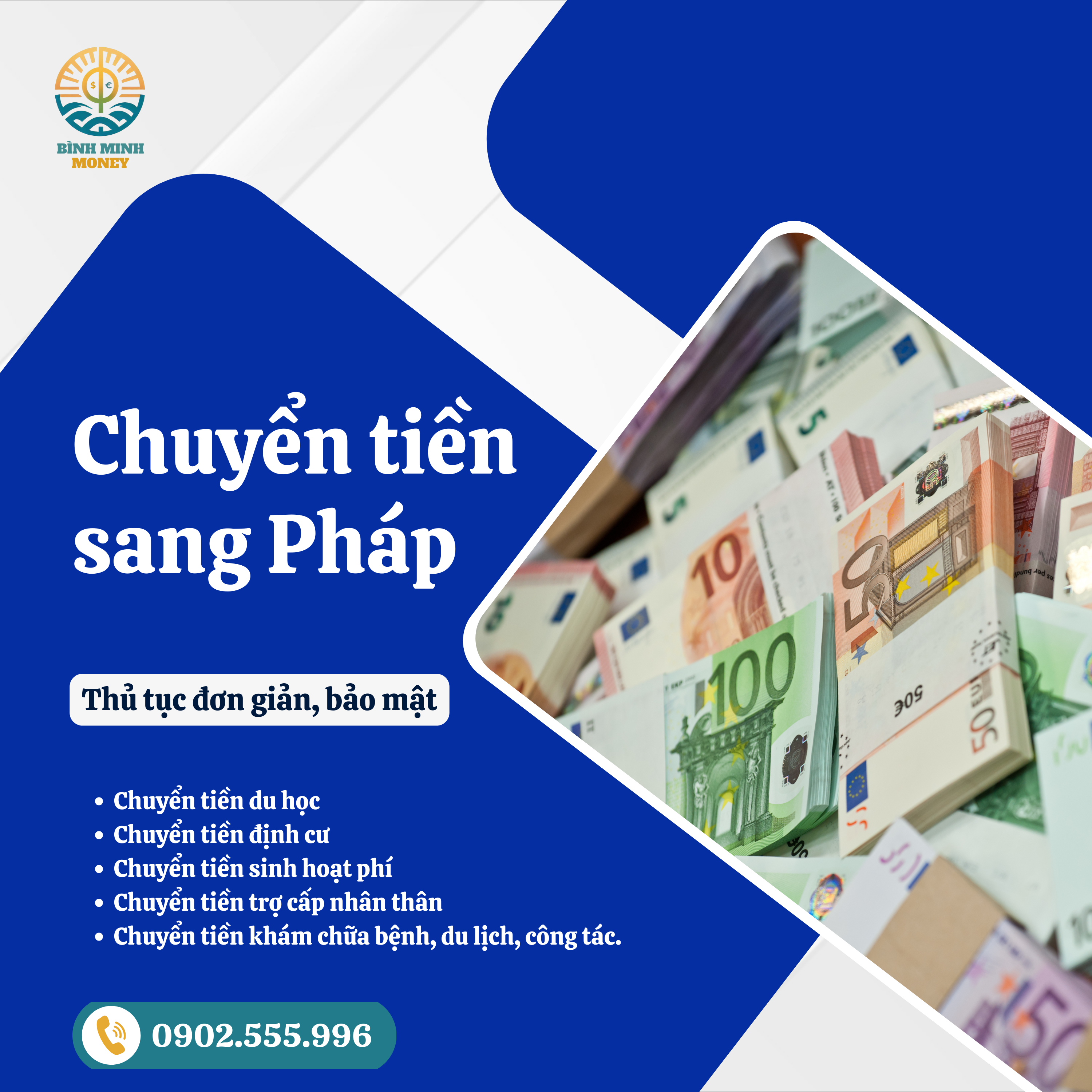 Money Bình Minh, với sứ mệnh kết nối những khoảng cách, mang đến cho bạn dịch vụ chuyển tiền sang Pháp không chỉ đơn giản mà còn đảm bảo an toàn tuyệt đối và bảo mật thông tin.